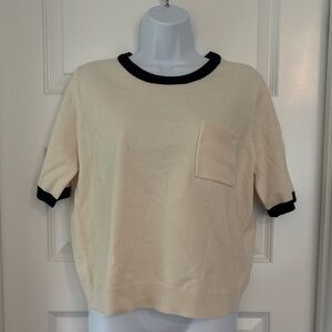 NWT Cream Short Sleeve Sweater with Black Trim and Pocket
